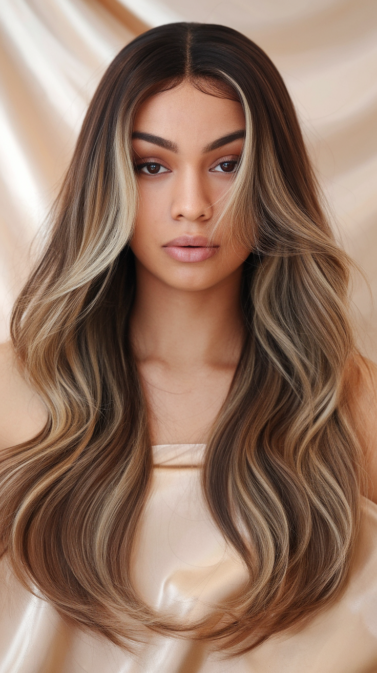 A woman with long, wavy hair styled with a 13 x 4 lace frontal.