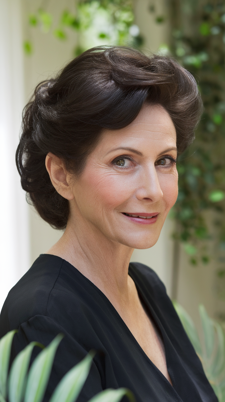 Elegant black hairstyle for a 60-year-old woman, featuring soft waves and a sophisticated appearance.