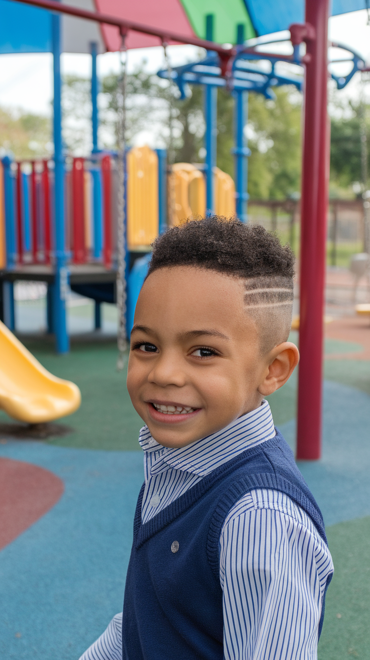 A young boy with a stylish haircut smiling at a playground.