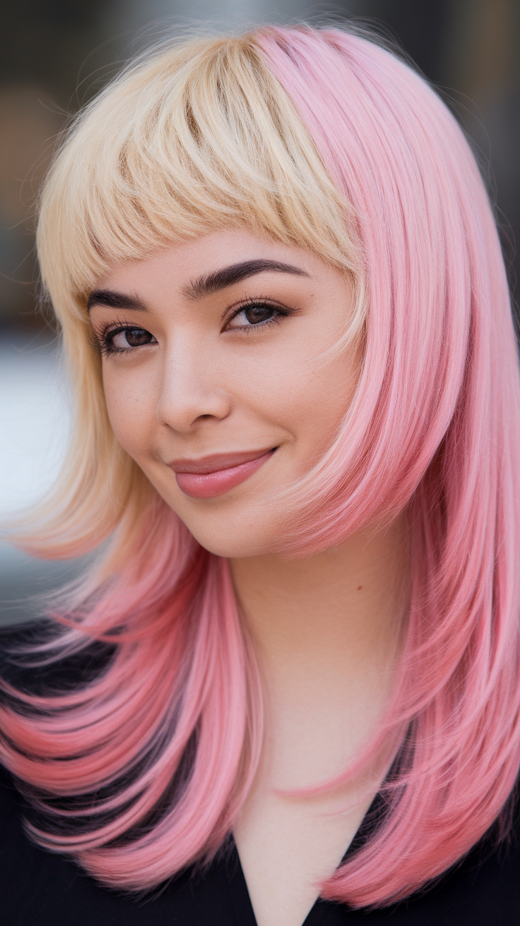 Woman with a blonde and pink wolf cut hairstyle, smiling at the camera.