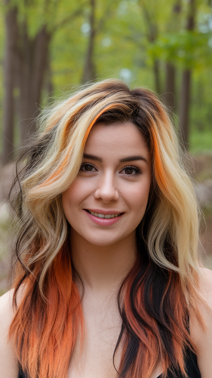 A woman with blonde calico hair featuring light blonde, dark brown, and orange streaks.