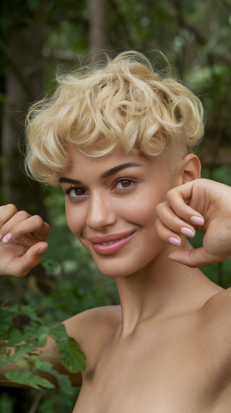 A woman with a blonde curly wolf cut smiling in a natural setting.