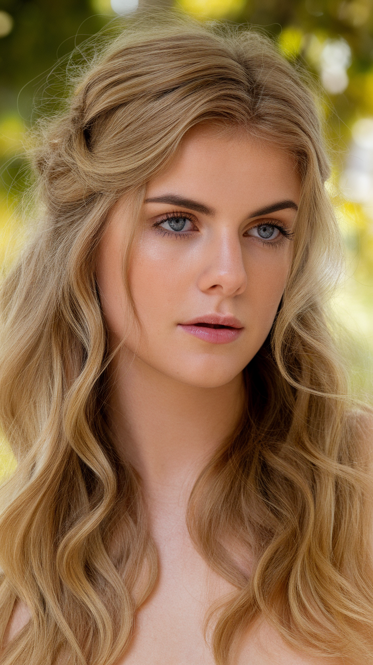 A girl with blonde hair styled in loose waves, showcasing a classic old money hairstyle.