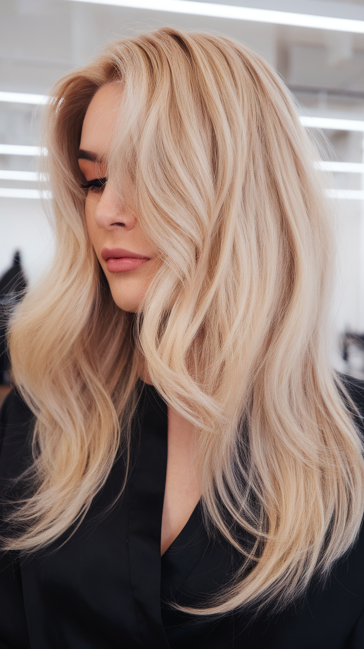 A woman with long blonde hair styled in soft waves, showcasing a lace frontal hairstyle.