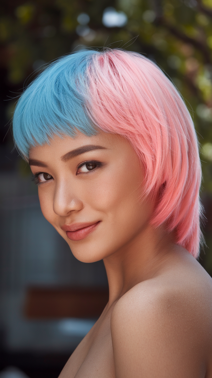 A woman with a blue and pink wolf cut hairstyle, smiling confidently.