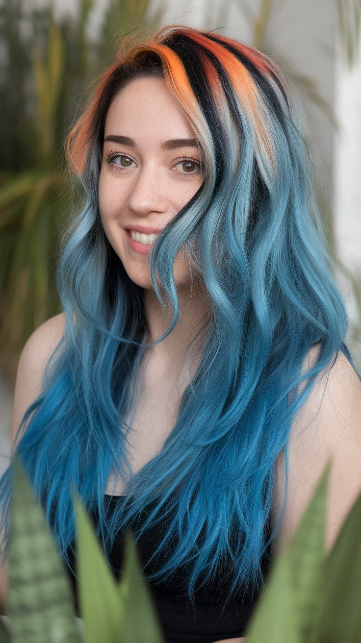 A woman with blue calico hair featuring vibrant blue, orange, and black strands, smiling with plants in the background.