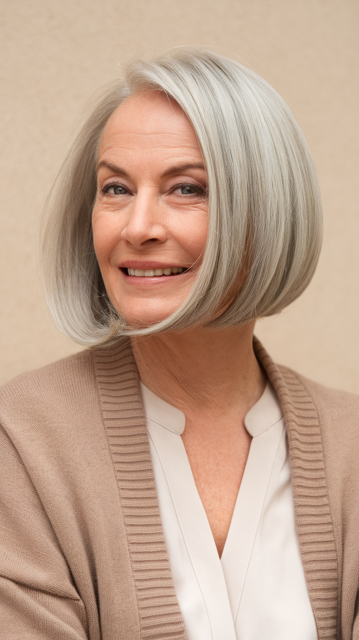 A woman in her 60s with a stylish bob haircut, smiling confidently.