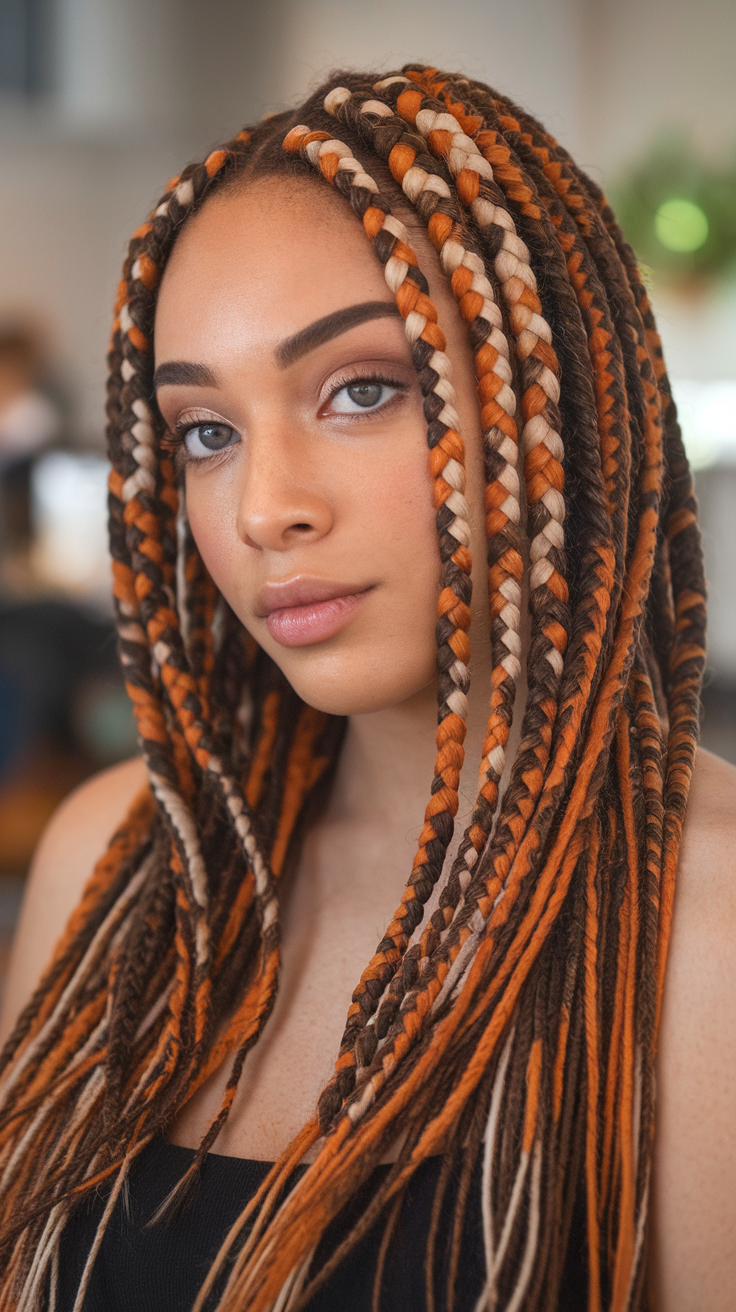 A woman with intricate calico hair braids featuring shades of orange, brown, and cream.