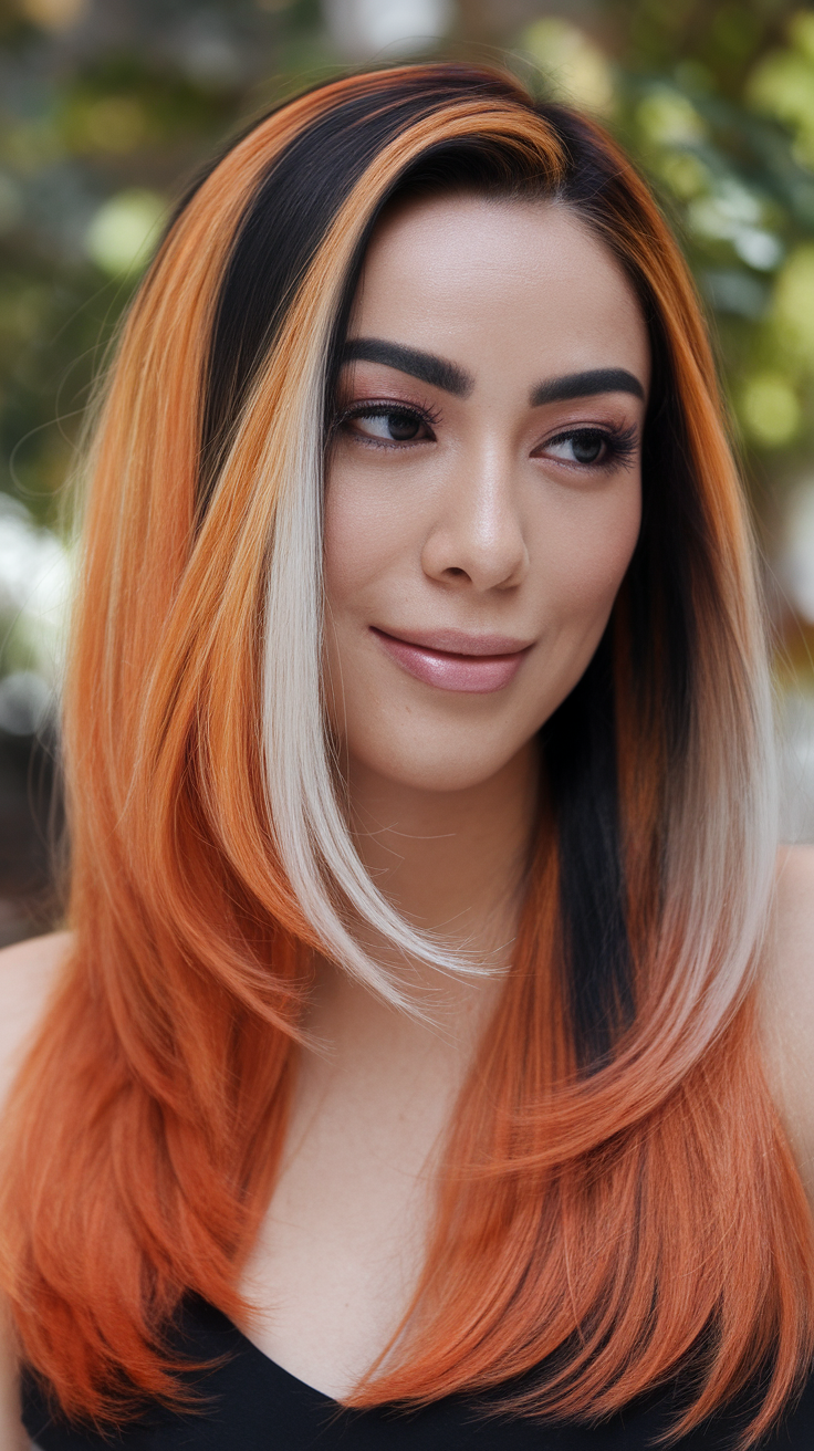 A woman with calico hair featuring shades of orange, black, and white, showcasing a vibrant hairstyle.