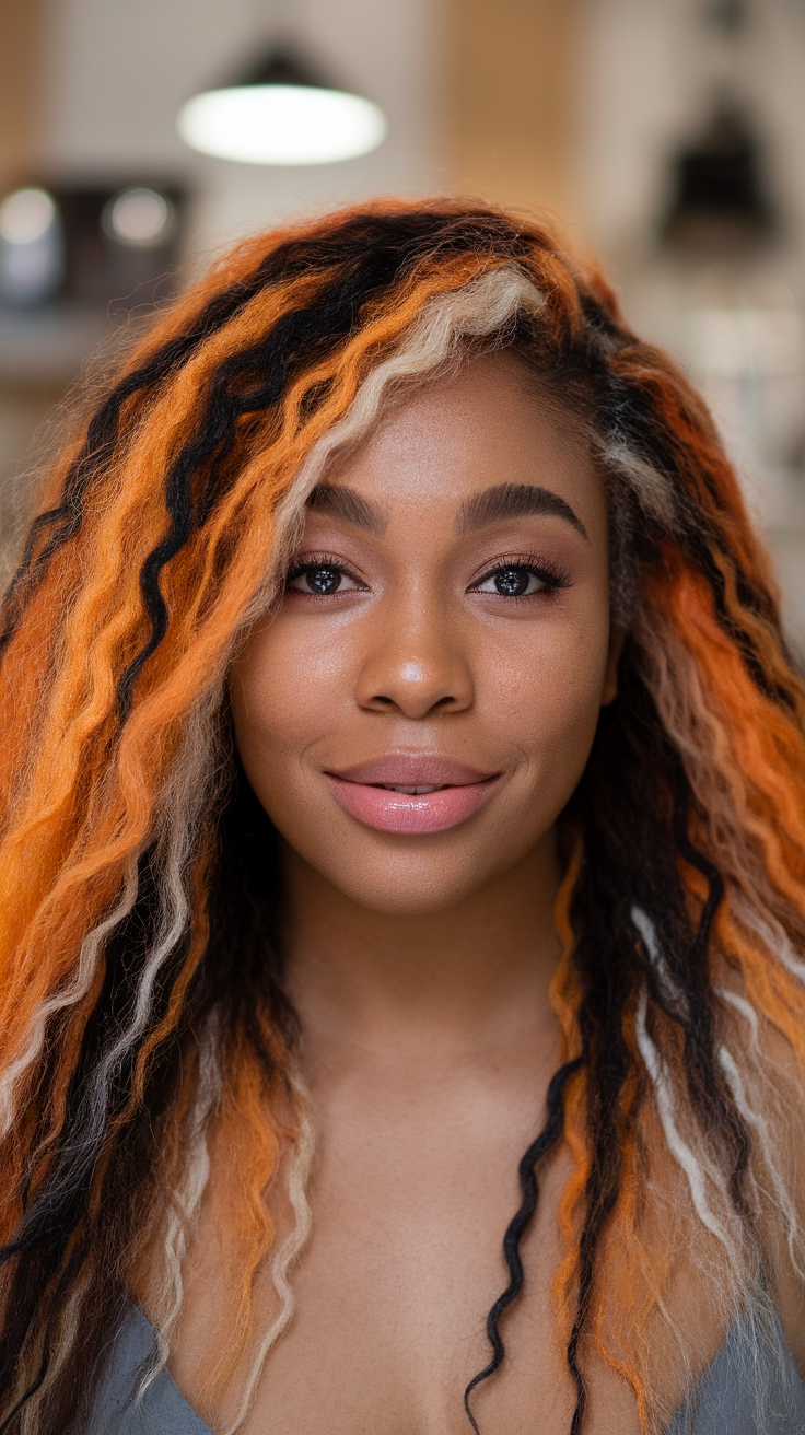 A woman with calico hair featuring vibrant orange, black, and white waves.