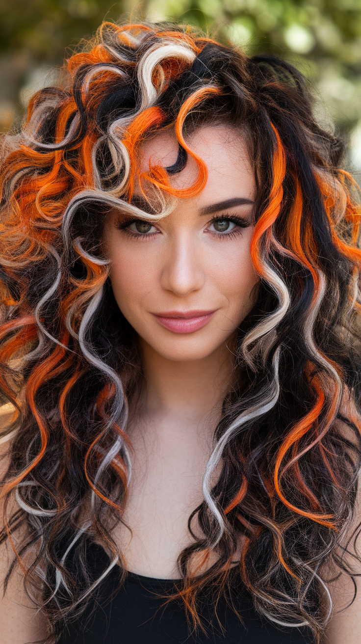 A woman with curly hair featuring a calico color pattern of black, orange, and white.