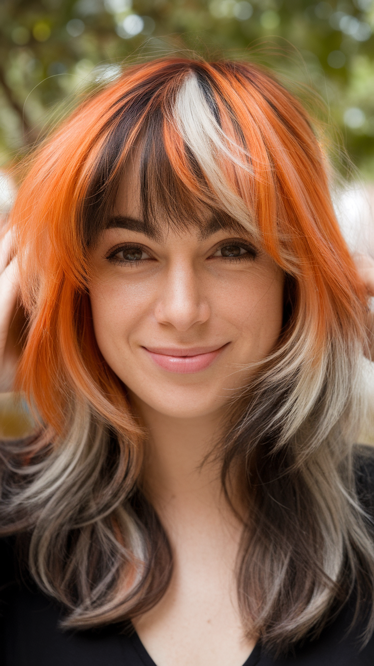 A woman with calico hair featuring bangs, showcasing vibrant orange, black, and white colors.