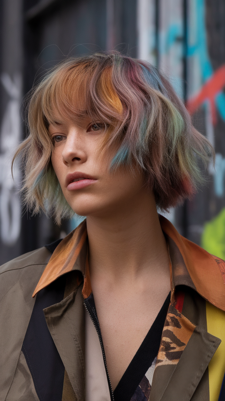 Chin length choppy bob hairstyle with colorful highlights