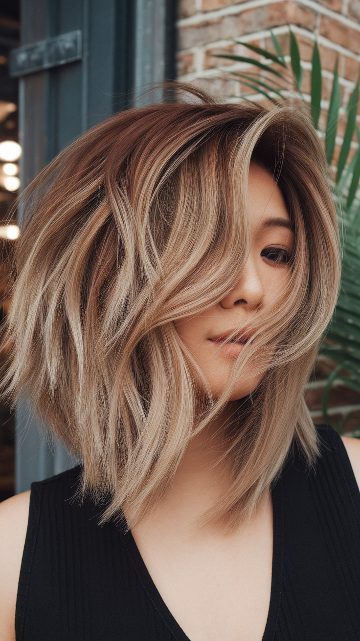 Woman with choppy bob hairstyle, showcasing layers and movement