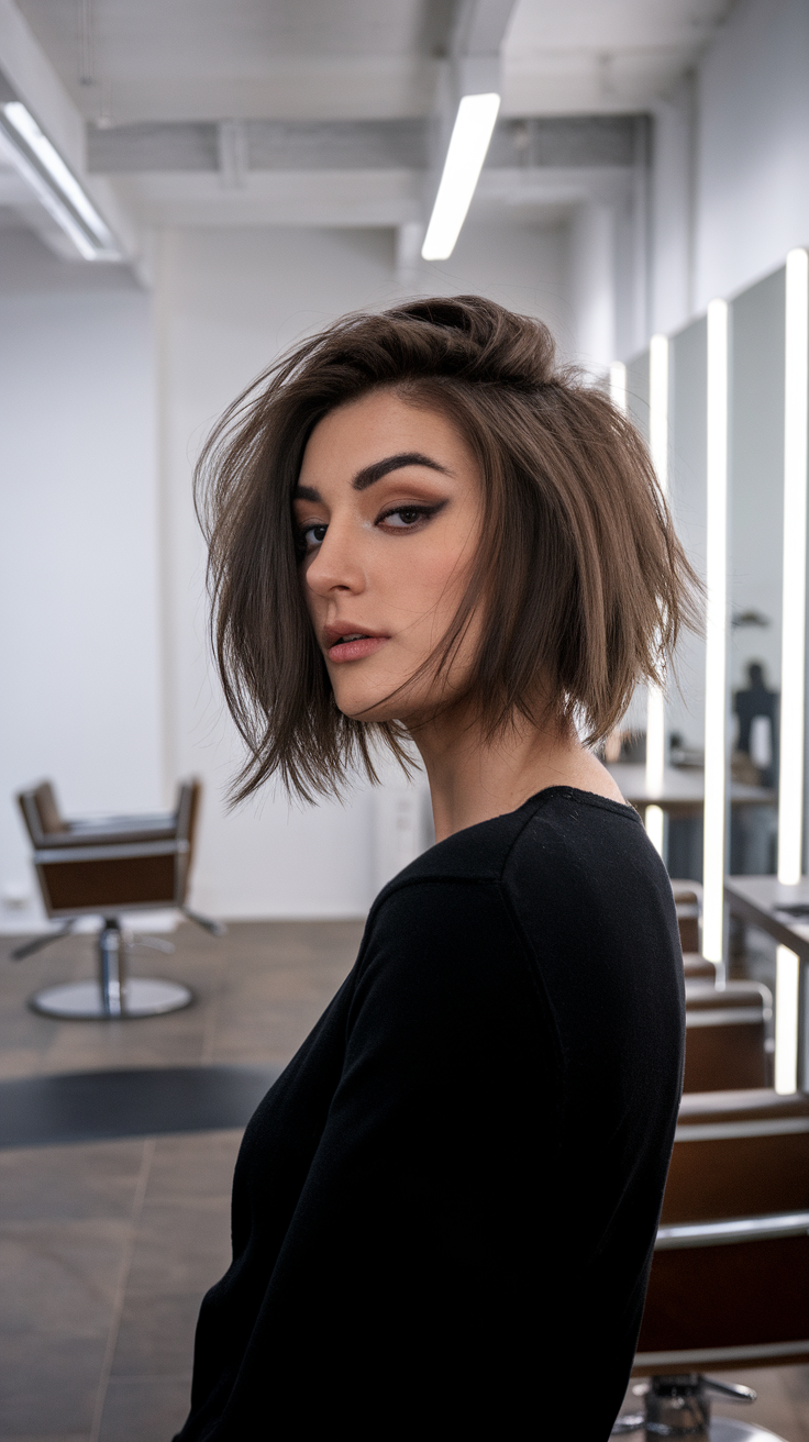 Brunette woman with a stylish choppy bob hairstyle in a salon