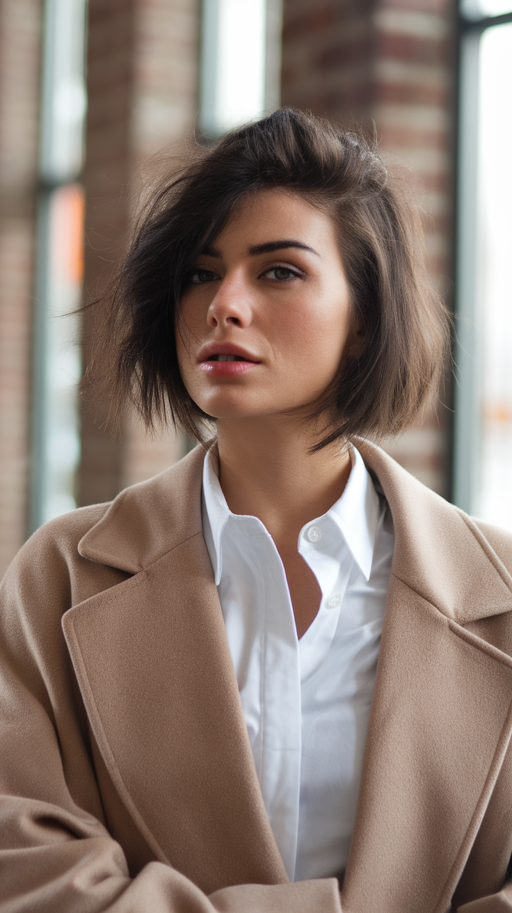 A woman with a choppy bob hairstyle, wearing a beige coat and white shirt, showcasing a stylish look.