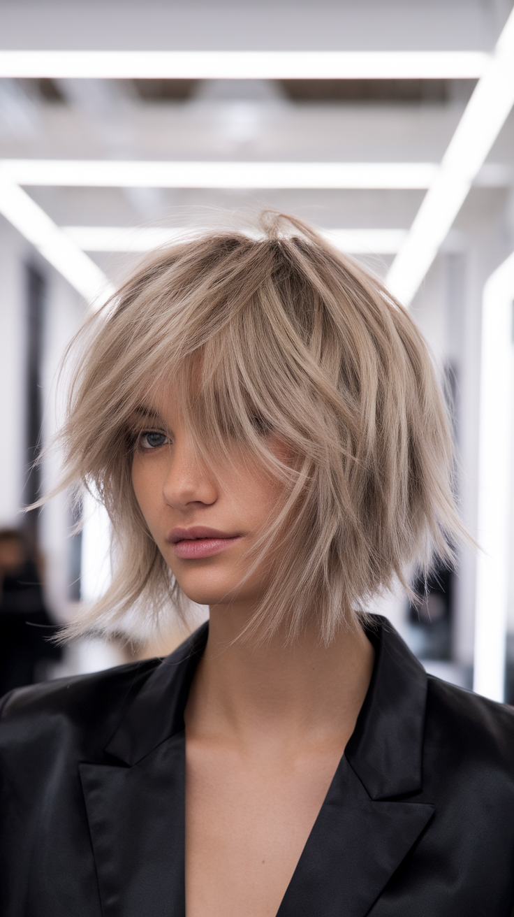 A woman with a choppy bob hairstyle, showcasing texture and volume.