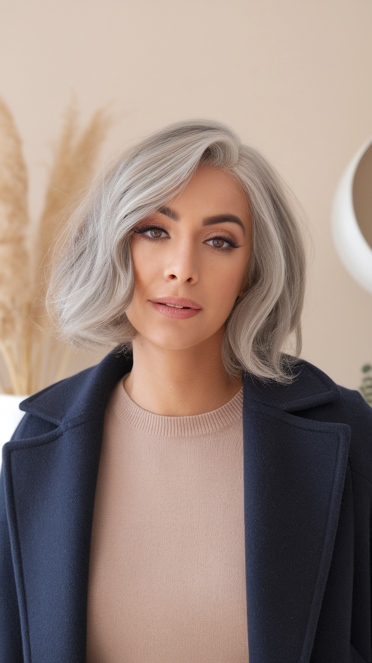 A woman with a choppy bob hairstyle in grey hair, looking stylish and modern.