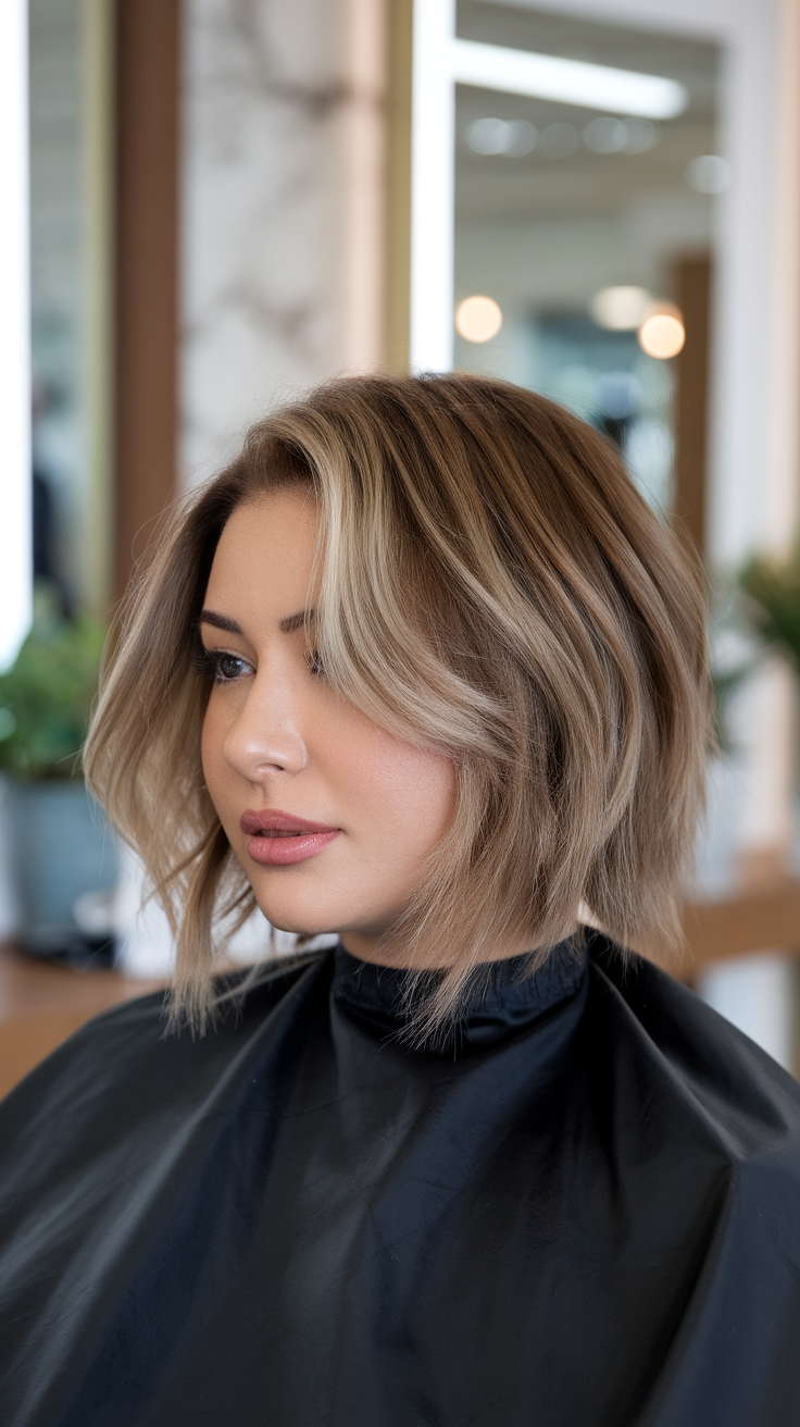 A woman with a choppy bob hairstyle, showcasing layers and texture.