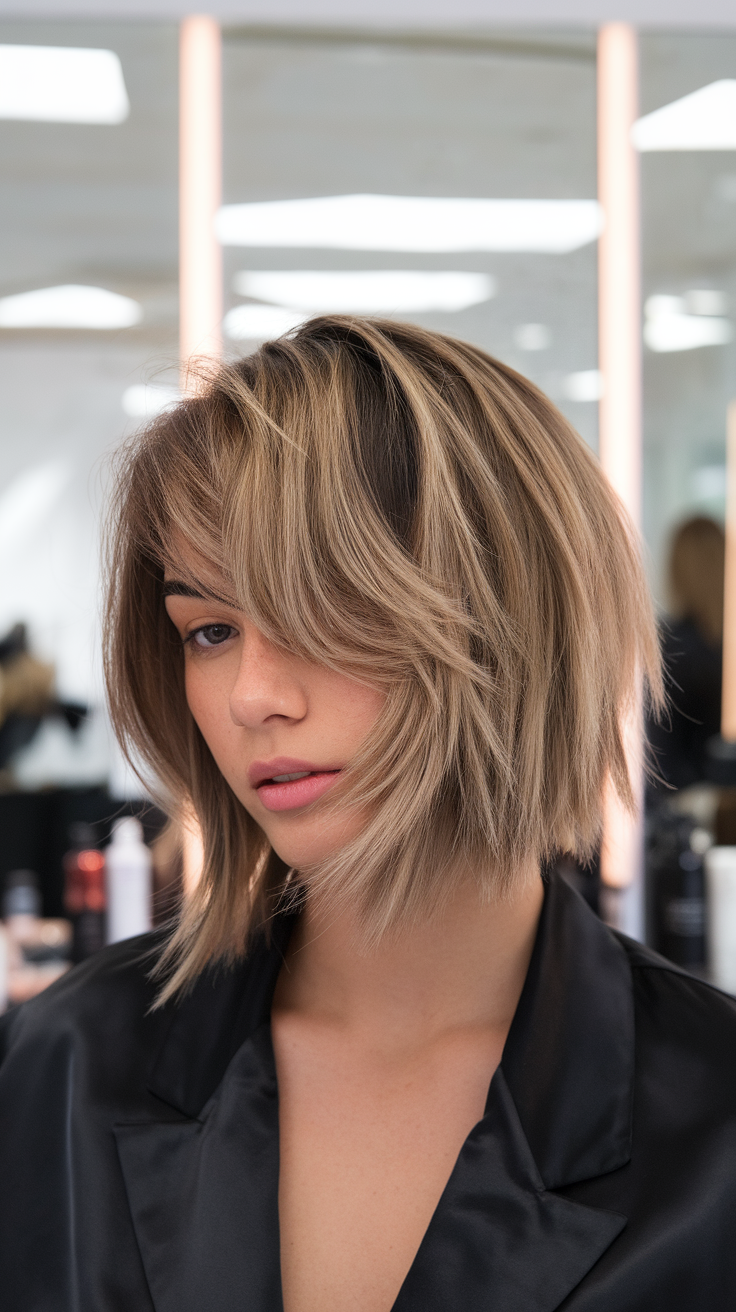 A model showcasing a choppy bob hairstyle with thick hair.