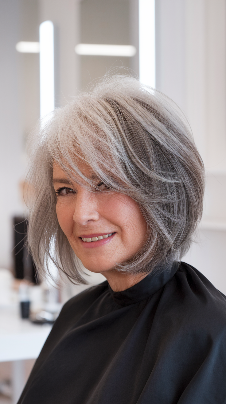 A stylish choppy bob hairstyle for a woman over 60, showcasing soft layers and a modern look.