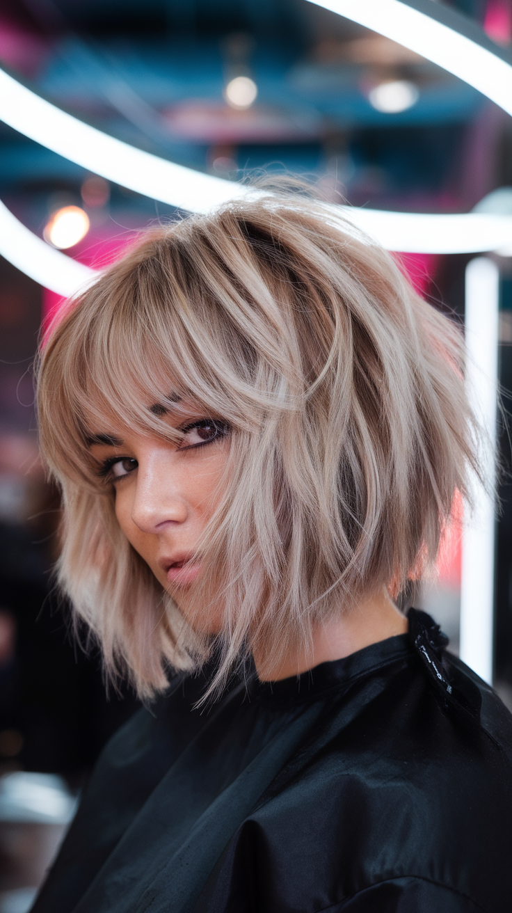 A woman getting her choppy bob hairstyle with bangs styled in a salon.