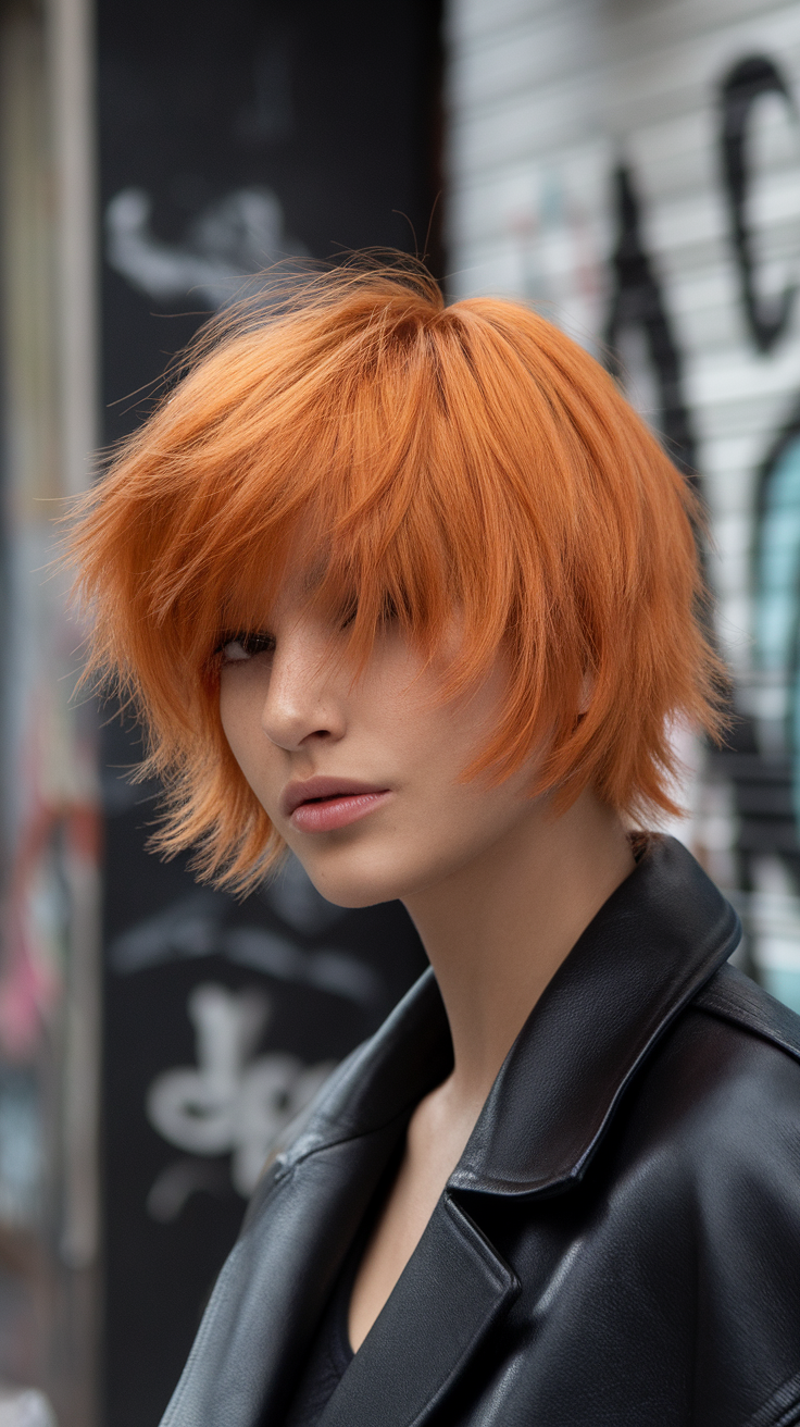 A woman with a choppy bob hairstyle and undercut, featuring vibrant orange hair.