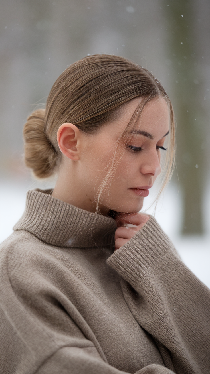 A woman with a clean girl hairstyle, wearing a cozy sweater, in a snowy outdoor setting.