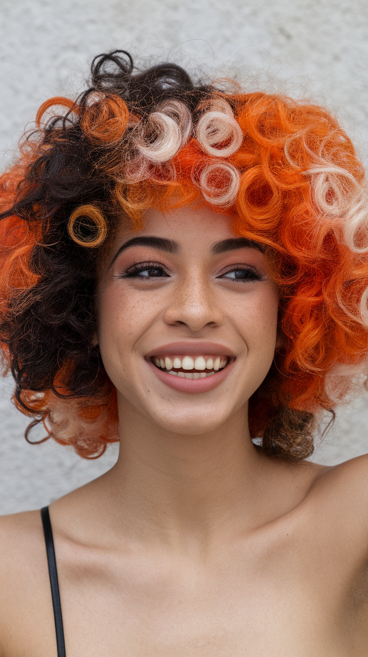 Woman with vibrant curly afro calico hair, featuring orange, black, and white colors, smiling