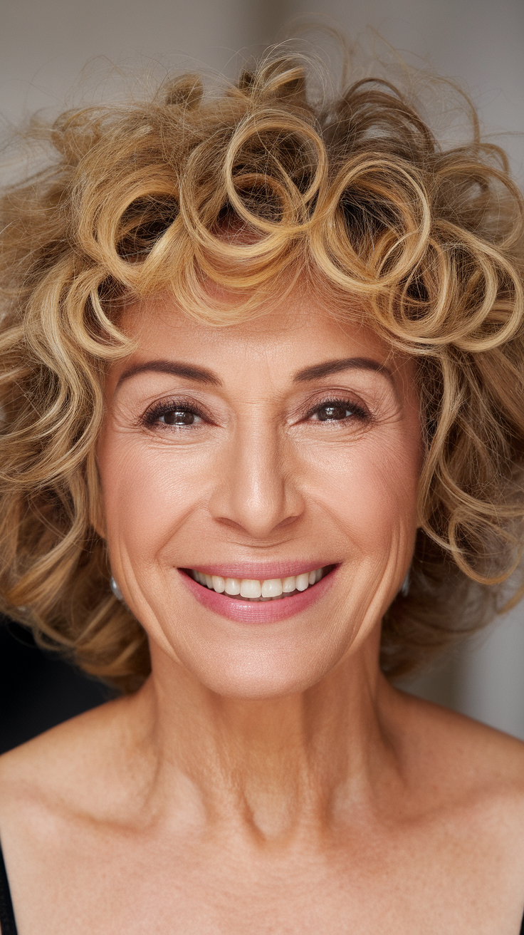 A woman with curly hair smiling outdoors