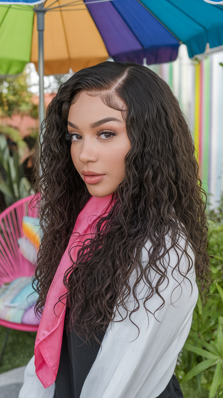 A person with curly lace frontal hairstyle, wearing a pink scarf, outdoors with colorful umbrellas in the background.