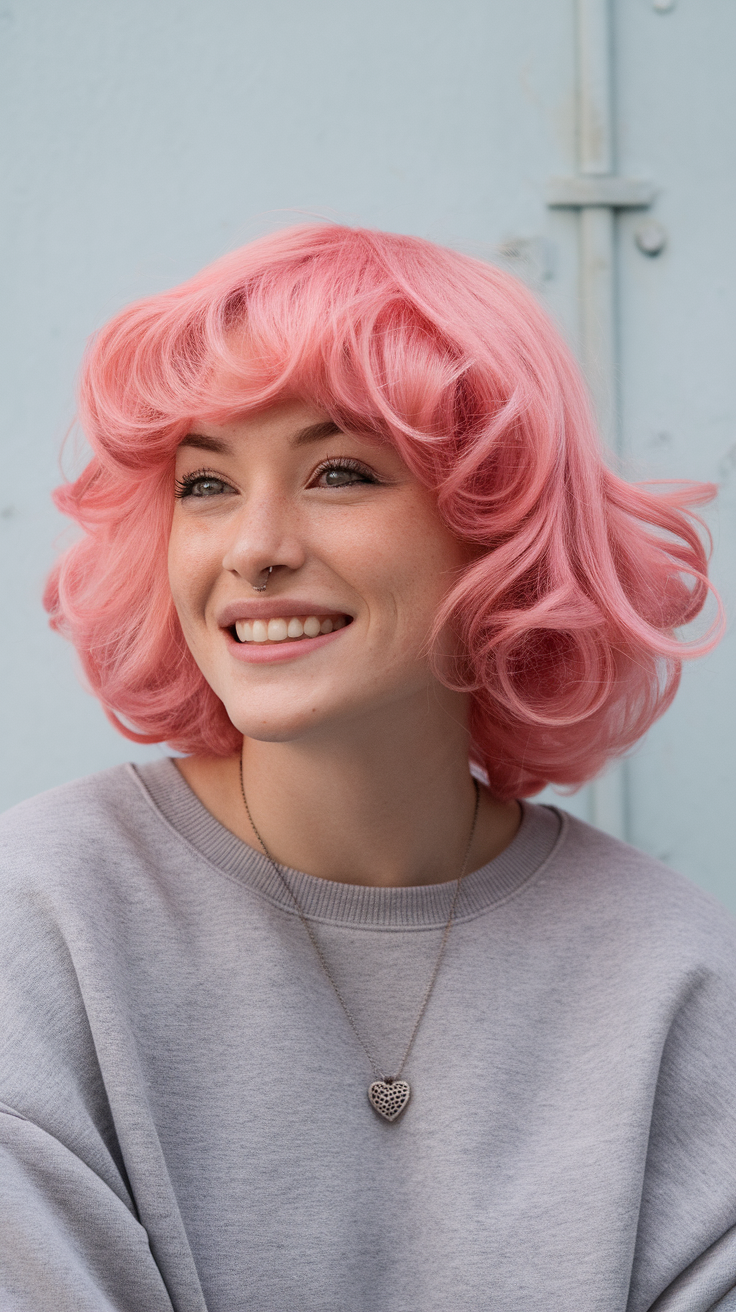 A person with a curly pink wolf cut hairstyle, smiling while wearing a gray sweatshirt.