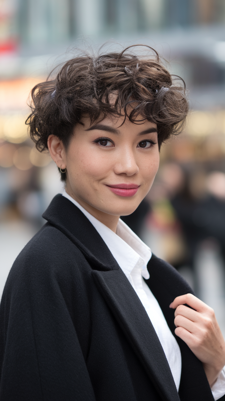 A woman with a curly wolf cut hairstyle, posing confidently.