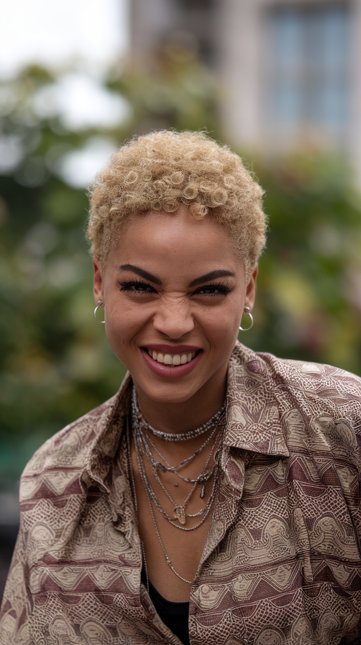 A woman with a curly wolf cut hairstyle, smiling and wearing a patterned shirt.