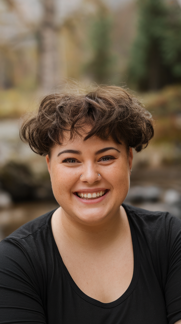 A person with a curly wolf cut, smiling outdoors