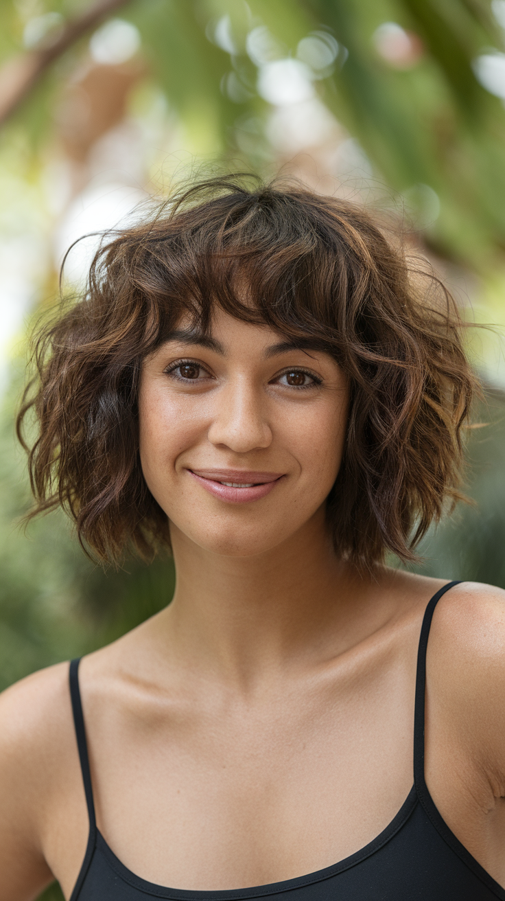 A woman with a curly wolf cut and bangs, showcasing a playful and trendy hairstyle.