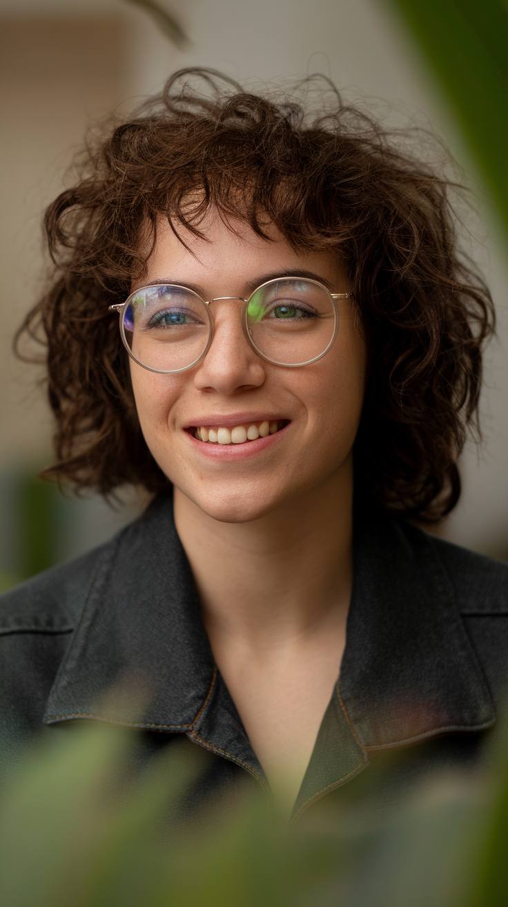 Person with curly hair and glasses smiling