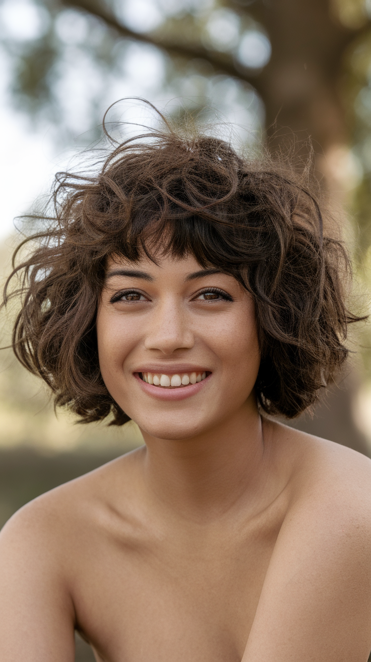 A woman with a curly wolf cut and no bangs, smiling warmly.