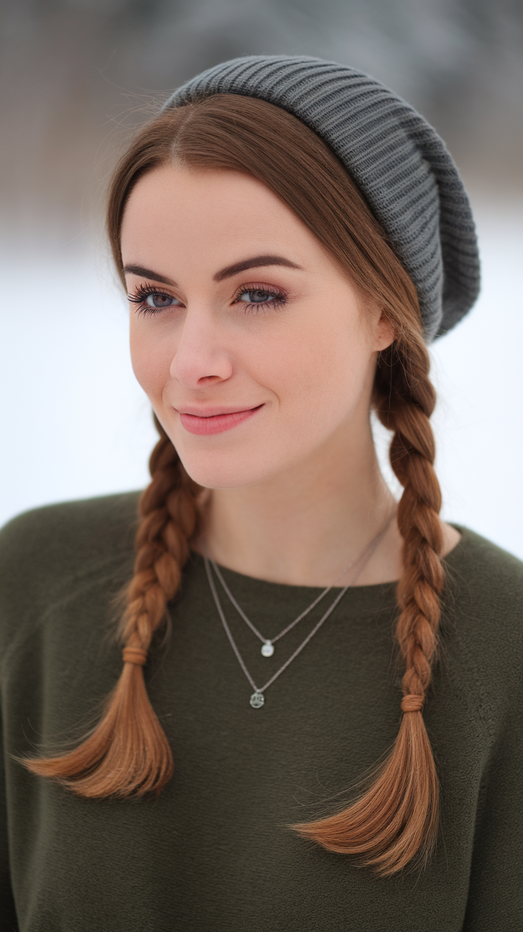 A close-up of a styled wavy hairstyle with a soft headband, set against a cozy winter background.