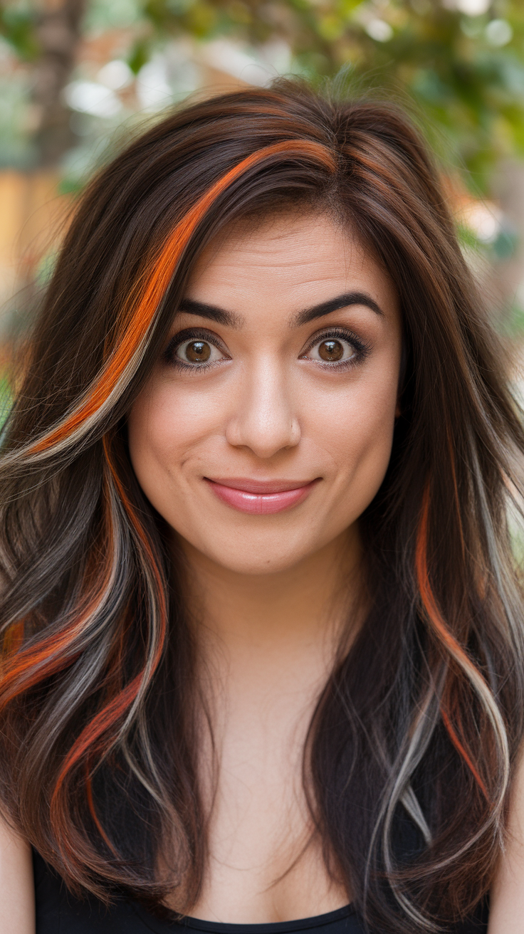 Woman with dark brown calico hair featuring orange and lighter streaks.