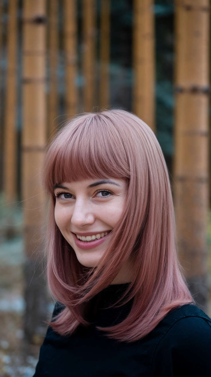 A woman with a dark pink wolf cut hairstyle, smiling in a bamboo forest