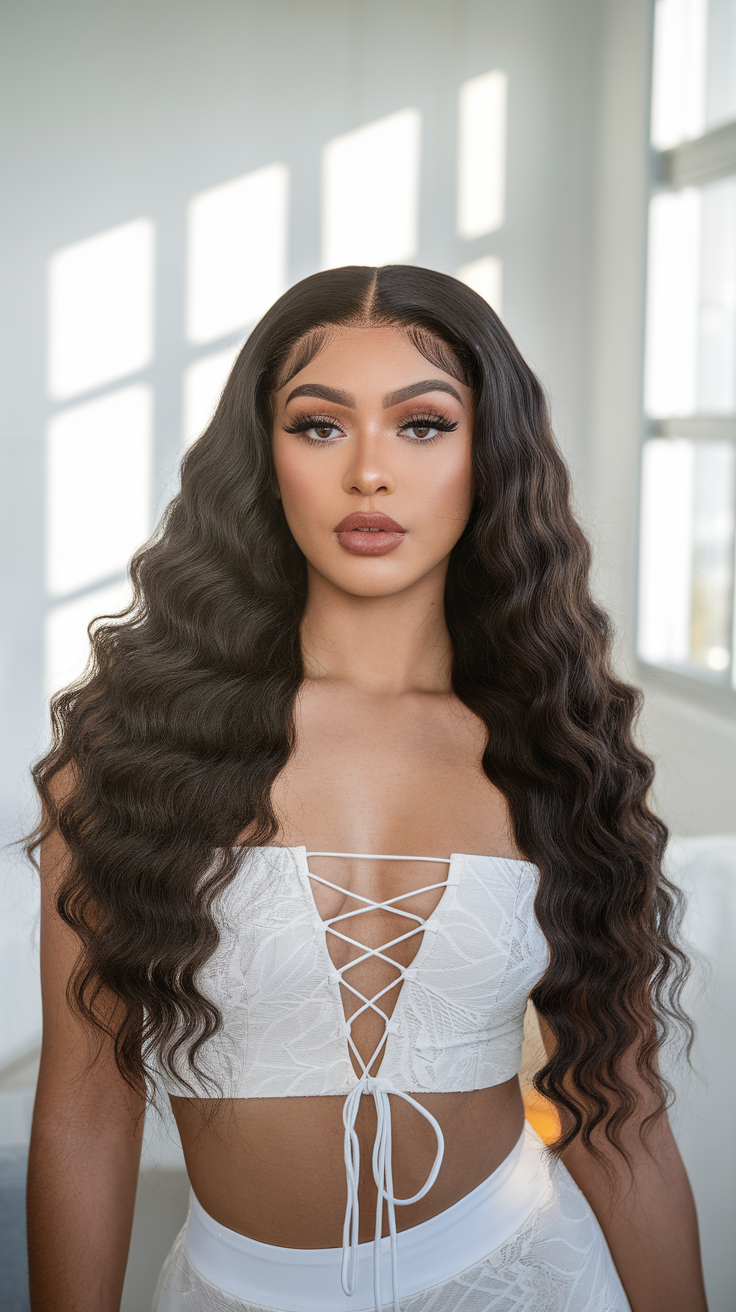 A woman with deep wave lace frontal hairstyle, showcasing soft waves and a stylish outfit.