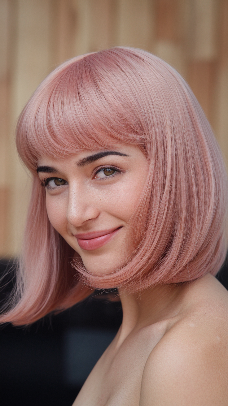 A woman with a dusty pink wolf cut hairstyle, smiling softly.