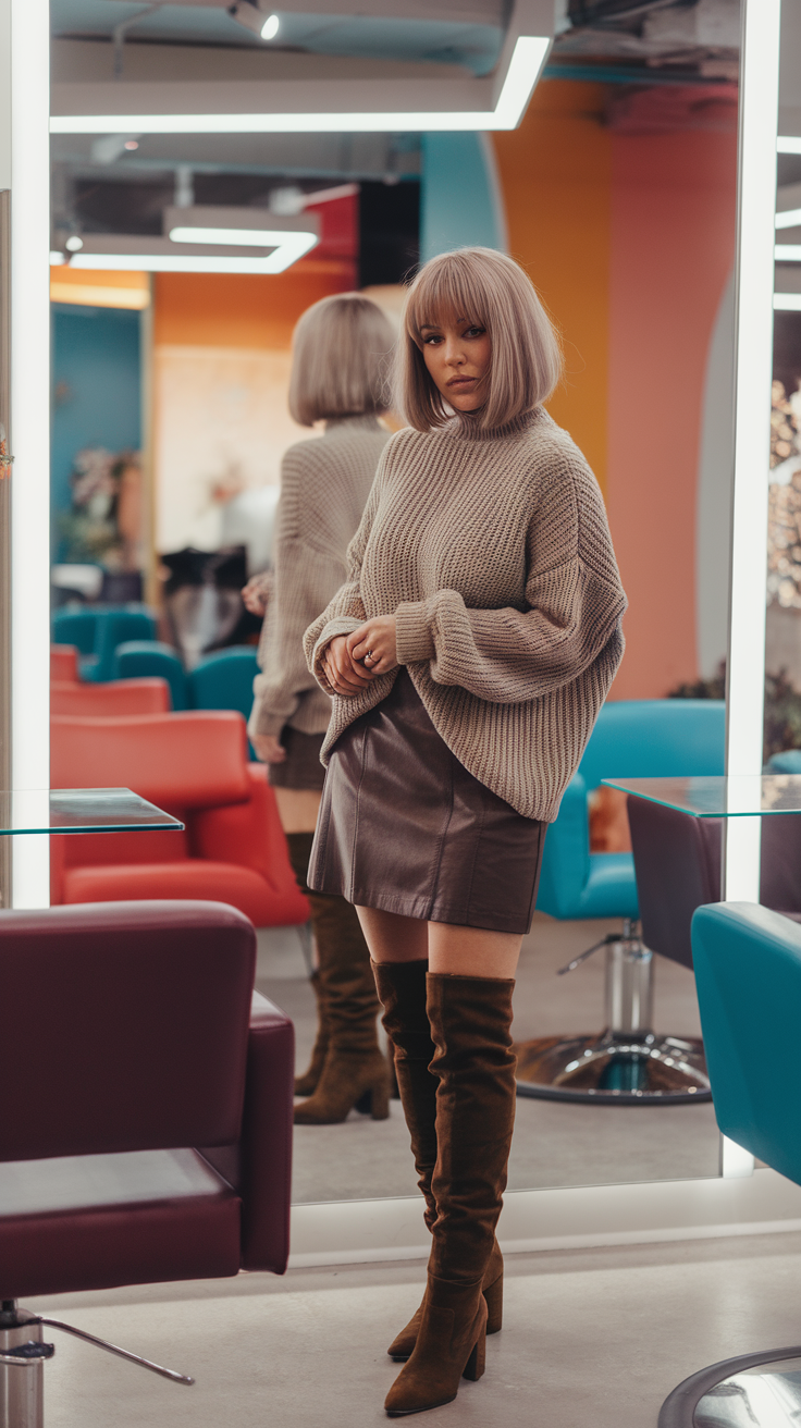 A woman with a stylish choppy bob hairstyle, wearing a white shirt and beige cardigan, stands in a salon.