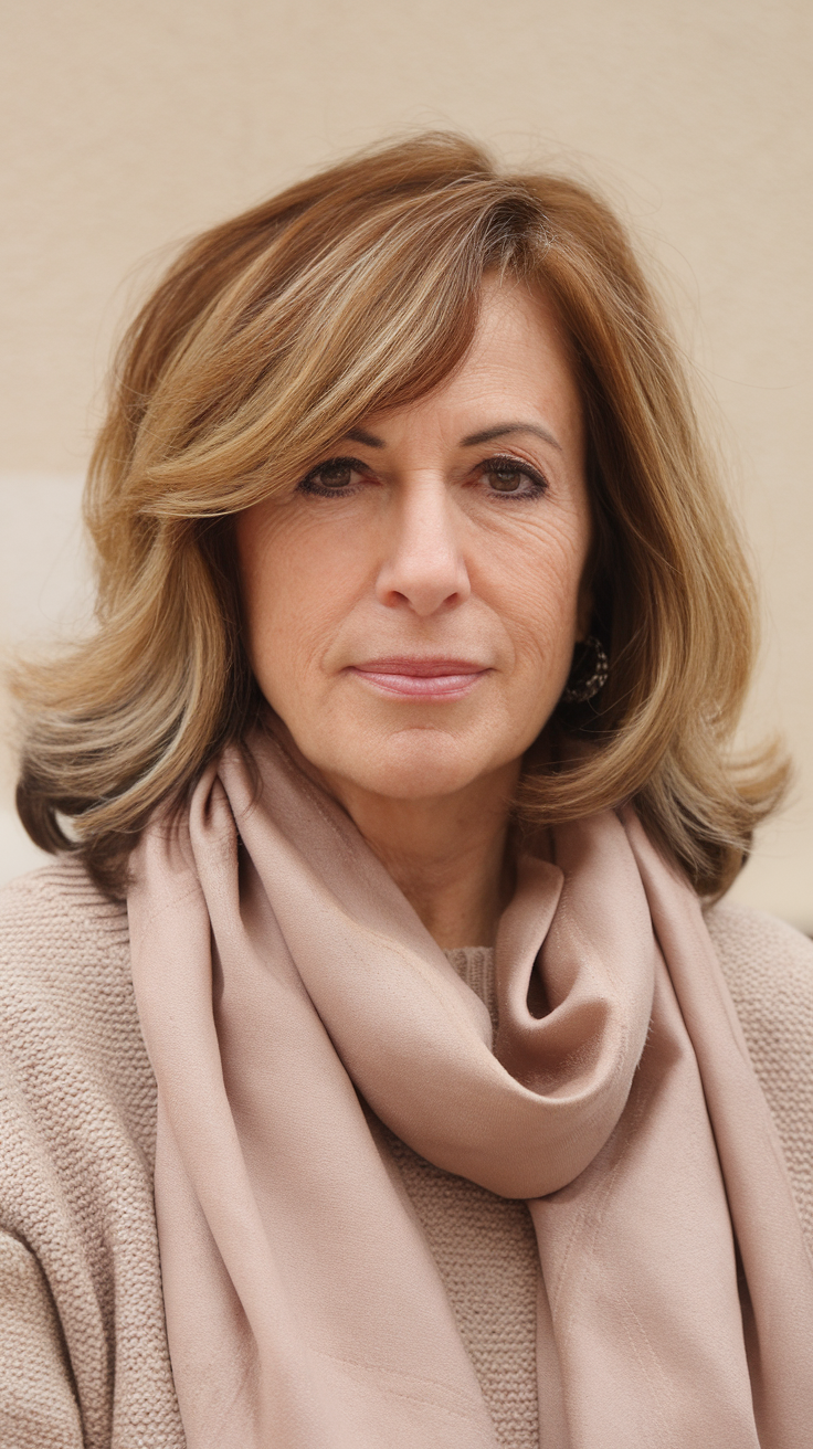 A woman with soft, layered hair wearing a beige blazer, smiling warmly.