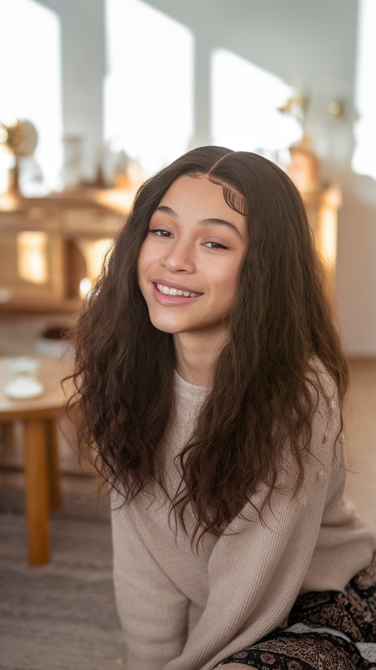 A girl with loose, wavy lace frontal hairstyle, smiling happily.