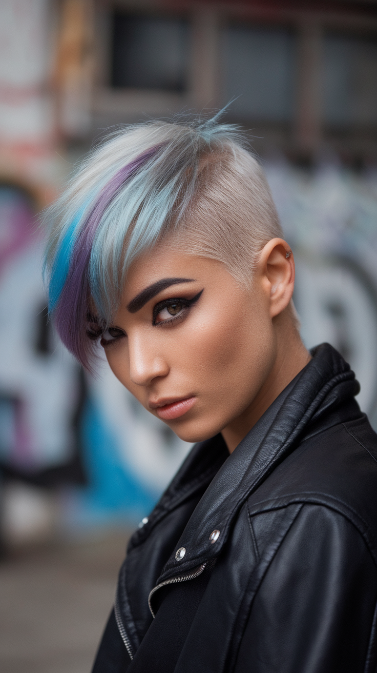 A person with an edgy short wolf cut hairstyle featuring colorful highlights, wearing a leather jacket, against a graffiti background.