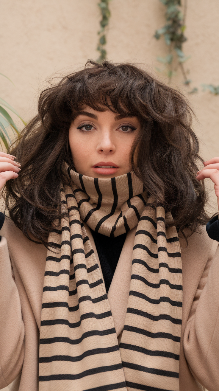 A woman with long curly hair styled in a wolf cut, wearing a striped scarf