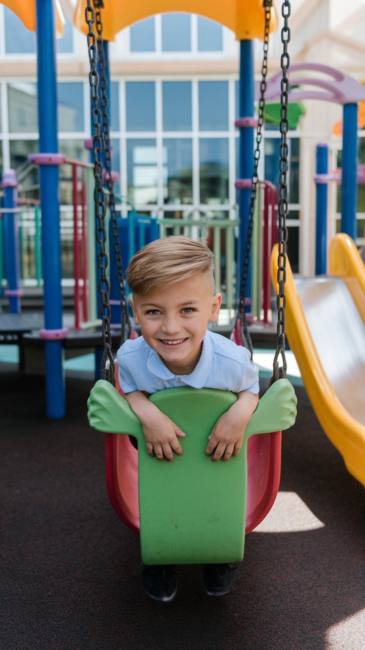 A young boy enjoying a swing with a stylish fade haircut.