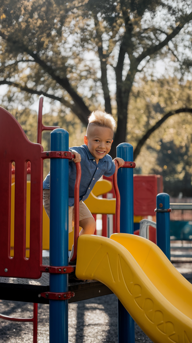 A smiling young boy with a fluffy haircut playing on a colorful playground.